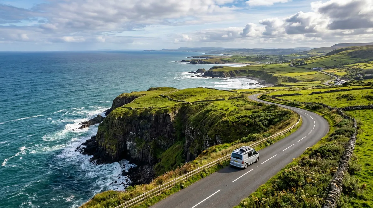 Stunning panoramic view of the Antrim Coastline in Northern Ireland, conveying a sense of adventure