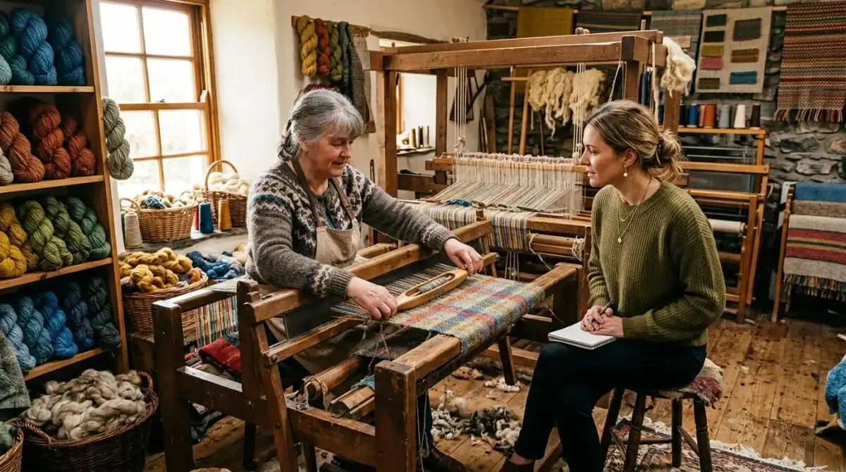A luxury traveler enjoying a private, curated artisan weaving demonstration in rural Ireland.