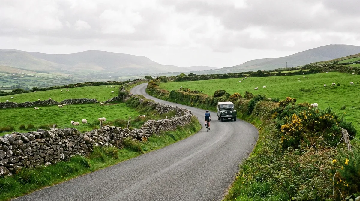 Winding country road in rural Ireland, surrounded by green fields and stone walls.