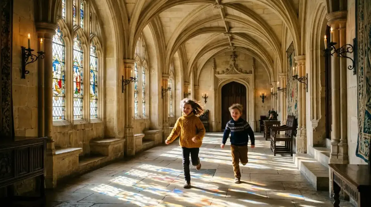 Children playing in the historic stone halls of a luxury Irish castle hotel.