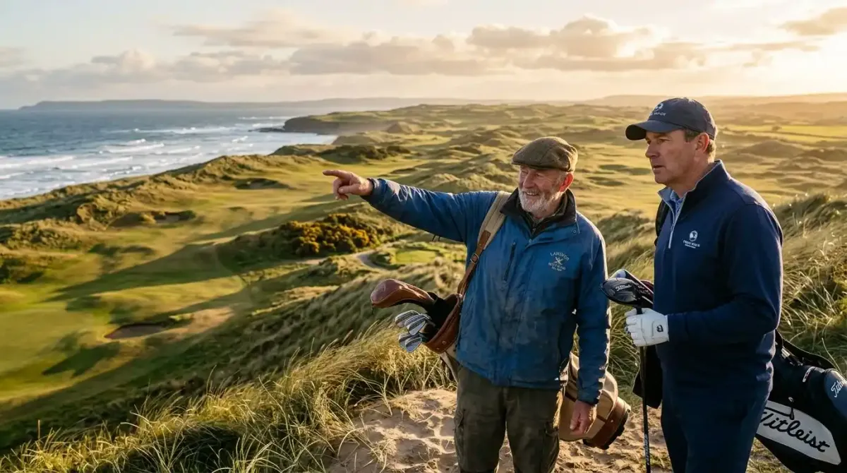 An experienced local Irish caddie guiding a luxury traveler on the proper tee line over the sand dunes.