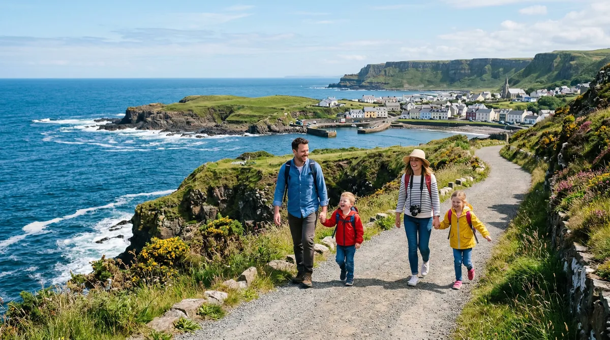 Family enjoying an accessible coastal path on the Causeway Coast