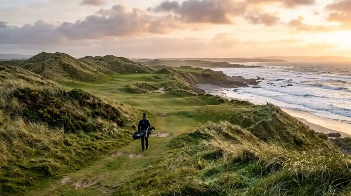 A luxury traveler walking a spectacular seaside links course along the rugged coast of Ireland.