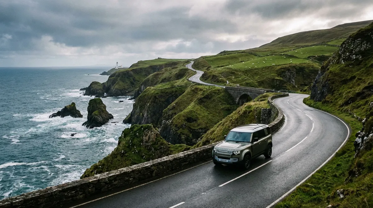 A winding coastal road disappearing into the distance, with green hills and a hint of the sea under a clear sky.
