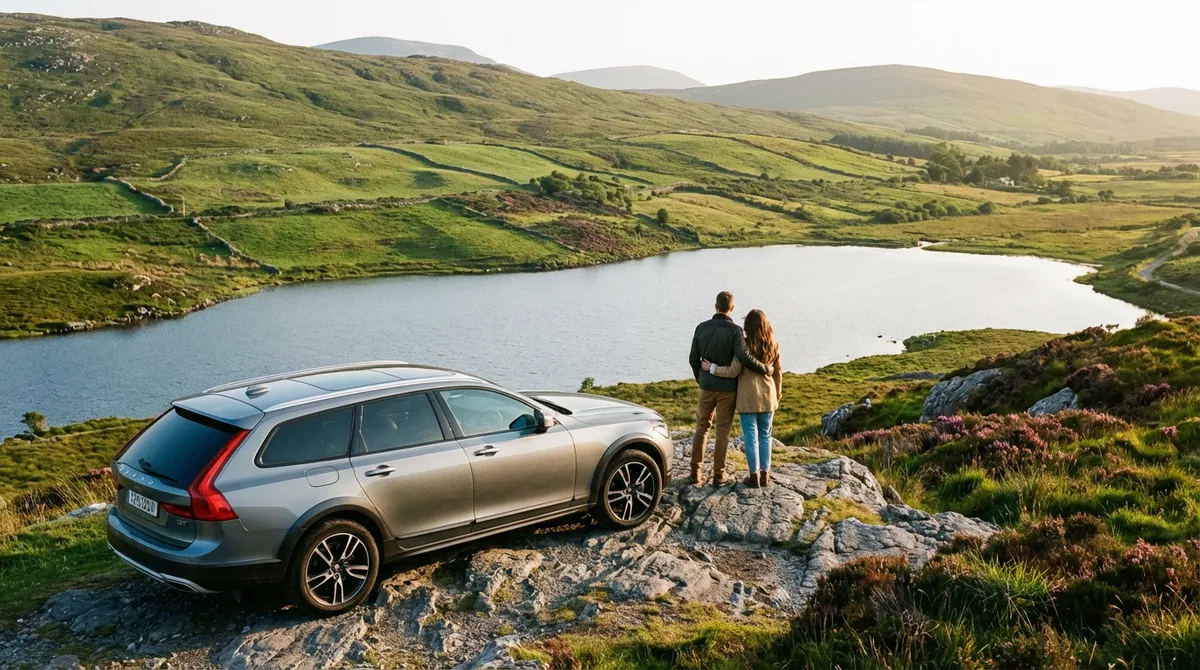 A couple enjoying the view from a modern commercial car at a scenic overlook in Connemara, overlooking a lake and green hills.
