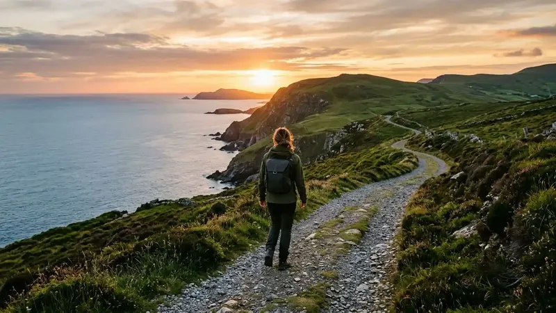 A premium traveler enjoying a spectacular sunset coastal walk on a custom luxury walking holiday in West Cork, Ireland.