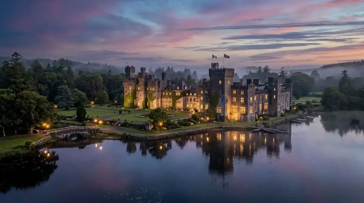 A grand Irish castle hotel at twilight during the peak travel season.