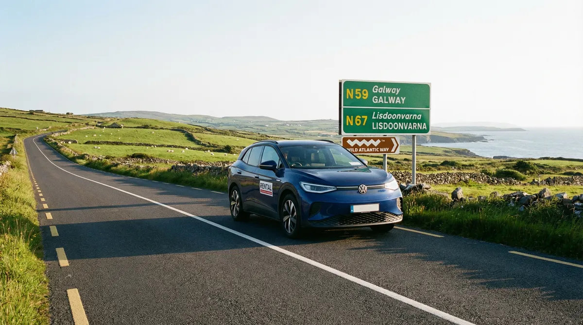 Modern rental car driving on a wide Irish national road