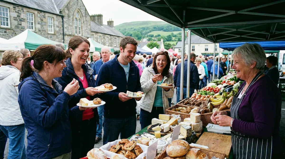 Travelers enjoying an artisan food tasting at a local market in Northern Ireland.