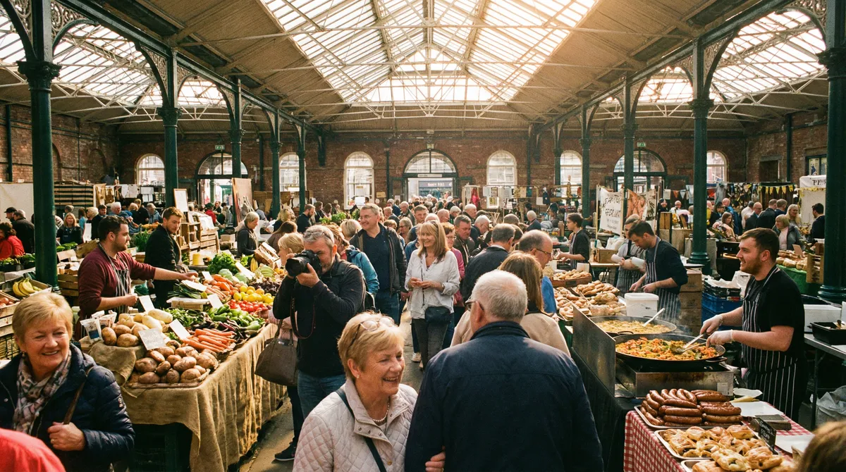 Bustling interior of St. George's Market in Belfast