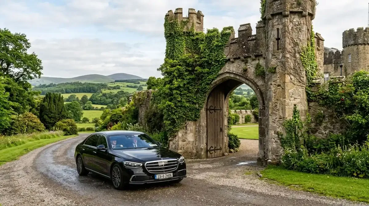 Arriving at a luxury Dublin castle hotel in a private chauffeur-driven Mercedes.