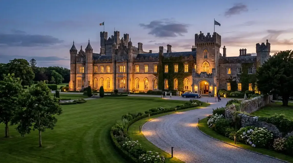 The magnificent exterior of a luxury 5-star castle hotel estate in Ireland during a bespoke vacation.