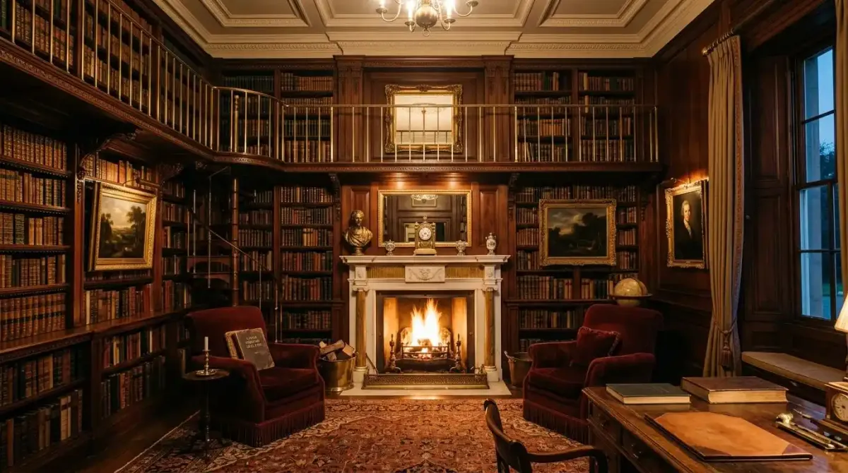 The exclusive 80-foot library at Ballyfin Demesne with a warm turf fire.