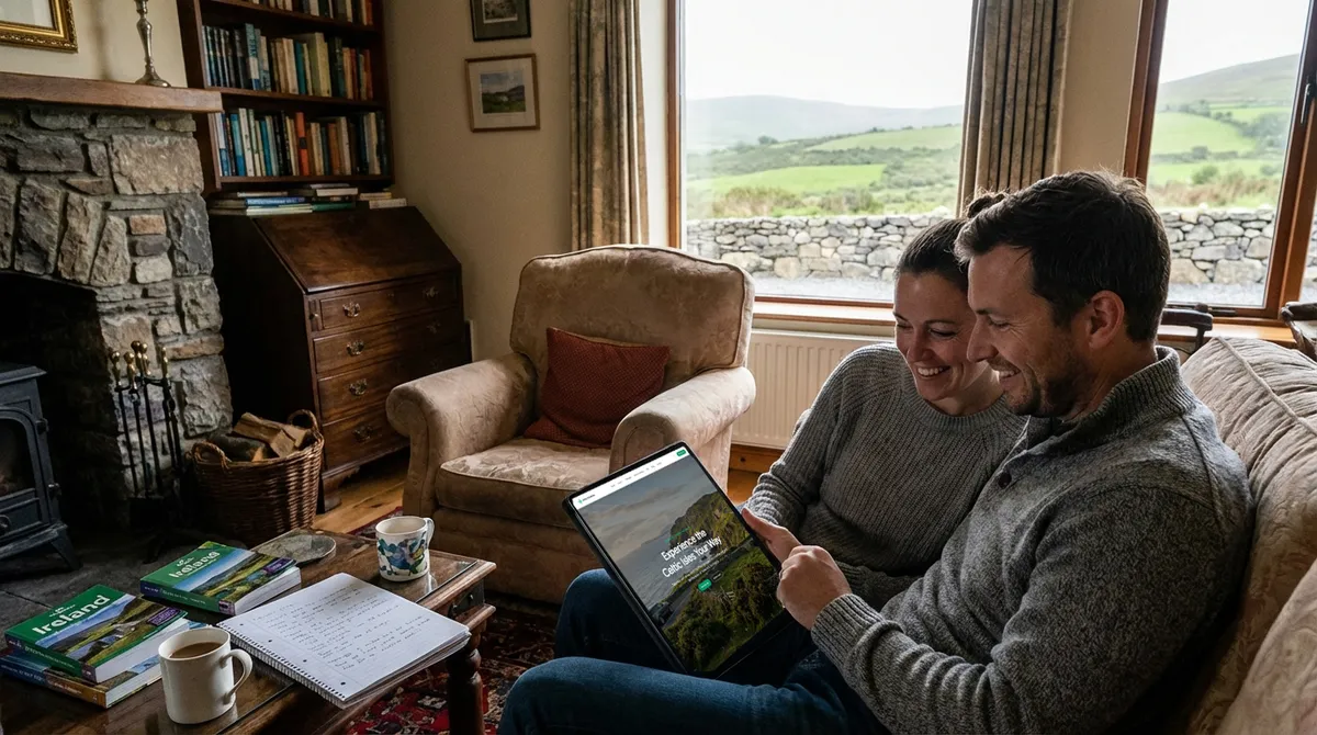 Couple reviewing a personalized travel itinerary on a tablet in a cozy Irish guesthouse