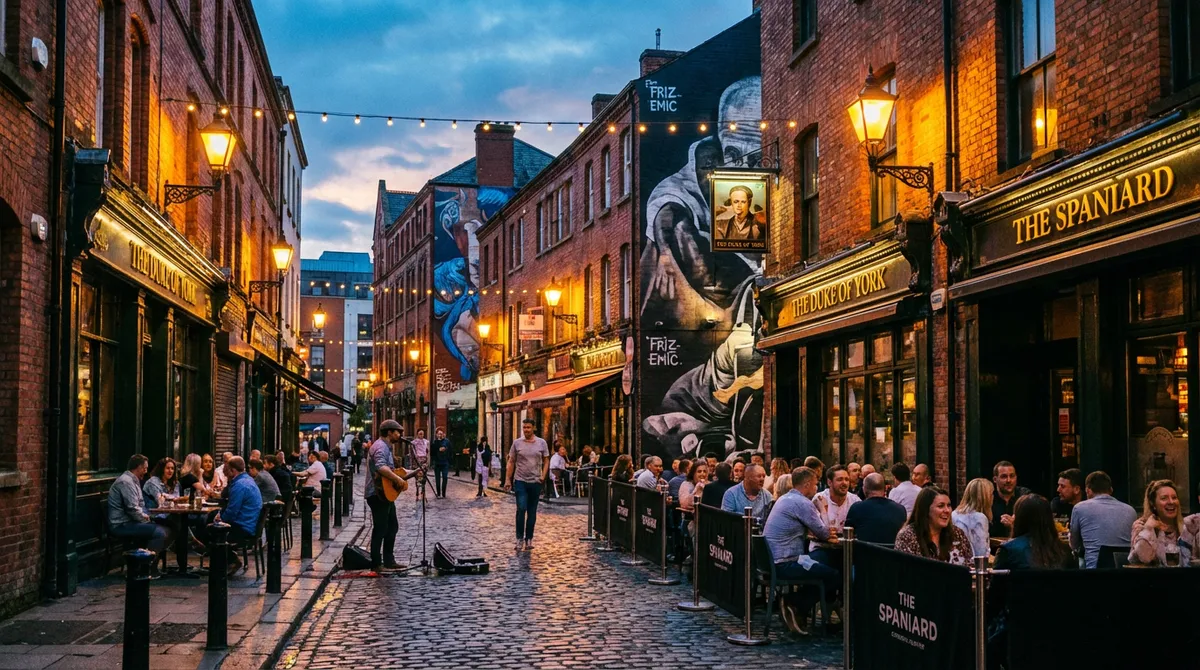 A lively street scene in Belfast's Cathedral Quarter with historic buildings, street art, and pedestrians.