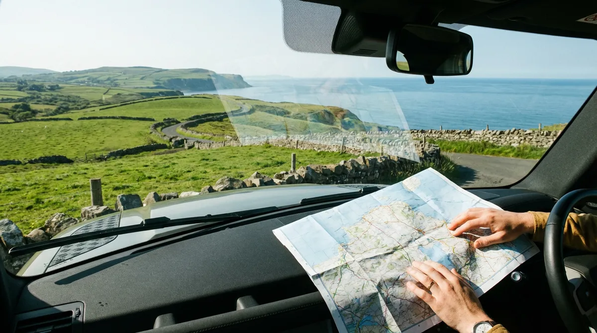 Modern commercial car parked at a scenic viewpoint in Northern Ireland with a map on the dashboard