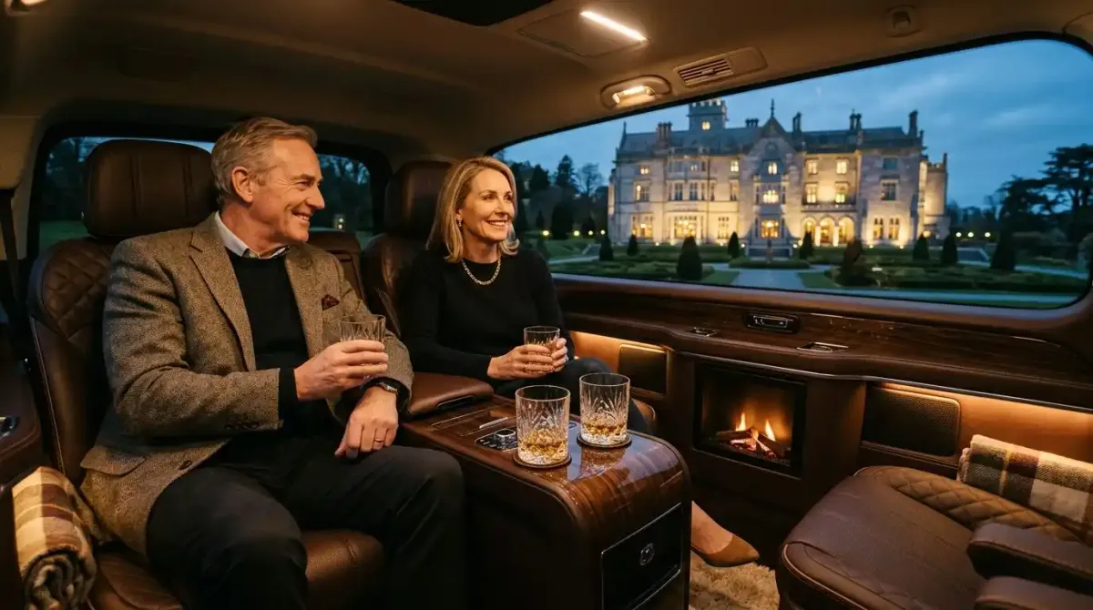 Unwinding in absolute comfort inside a premium private chauffeur vehicle on a bespoke luxury golf vacation with Celtic Vacations.