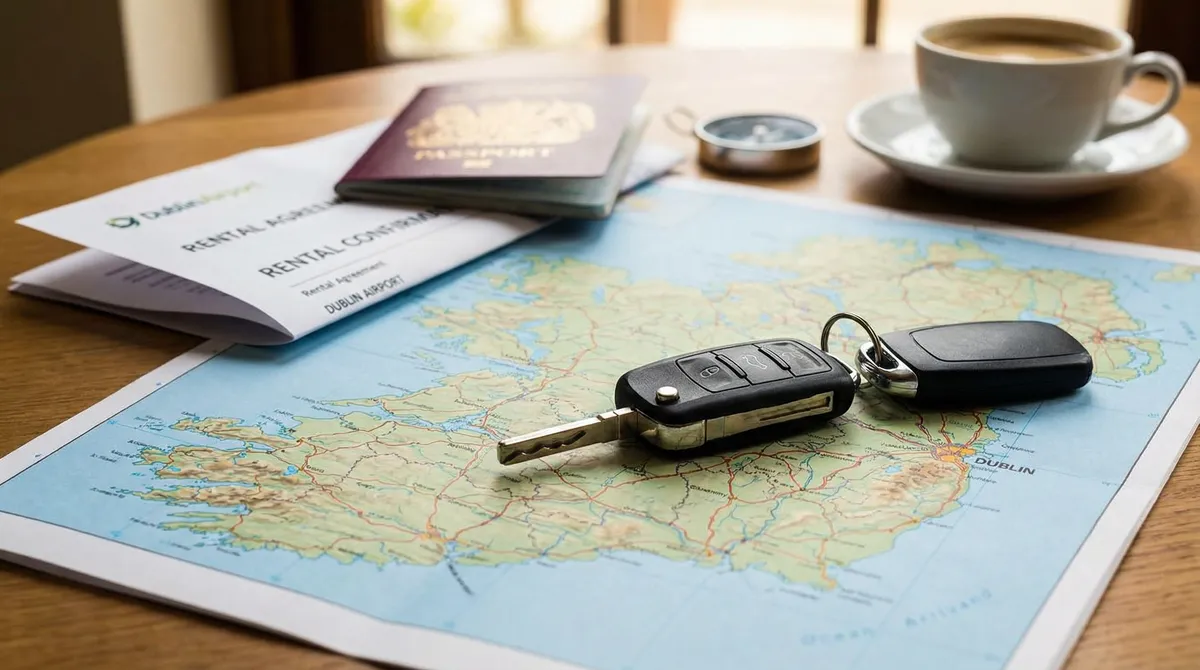 Modern rental car keys on a map of Ireland with rental agreement, symbolizing car rental costs