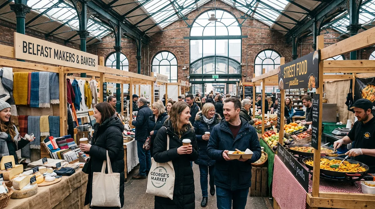 Vibrant interior of St. George's Market in Belfast with vendors and shoppers