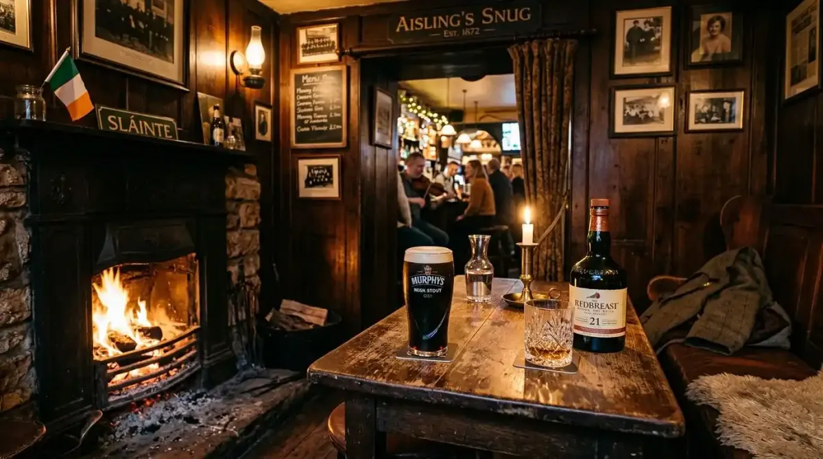 A cozy evening inside a traditional Irish pub snug with a peat fire and premium whiskey.