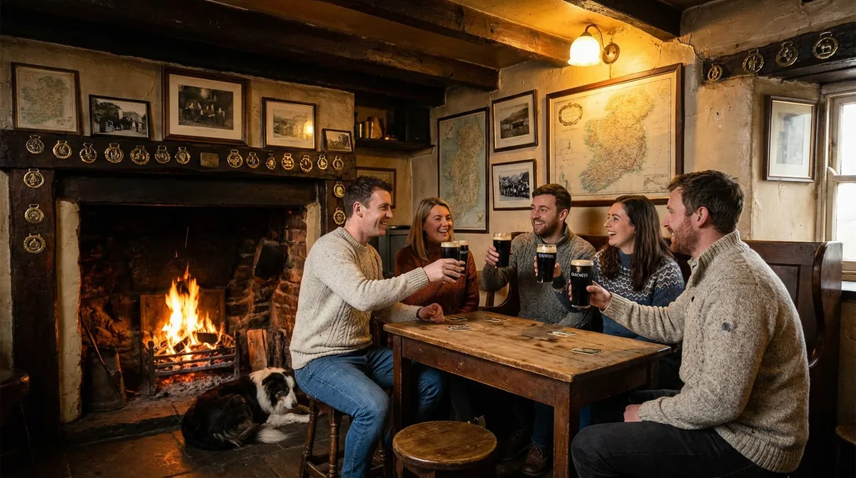 Cozy interior of a traditional Irish pub in Northern Ireland with people enjoying drinks