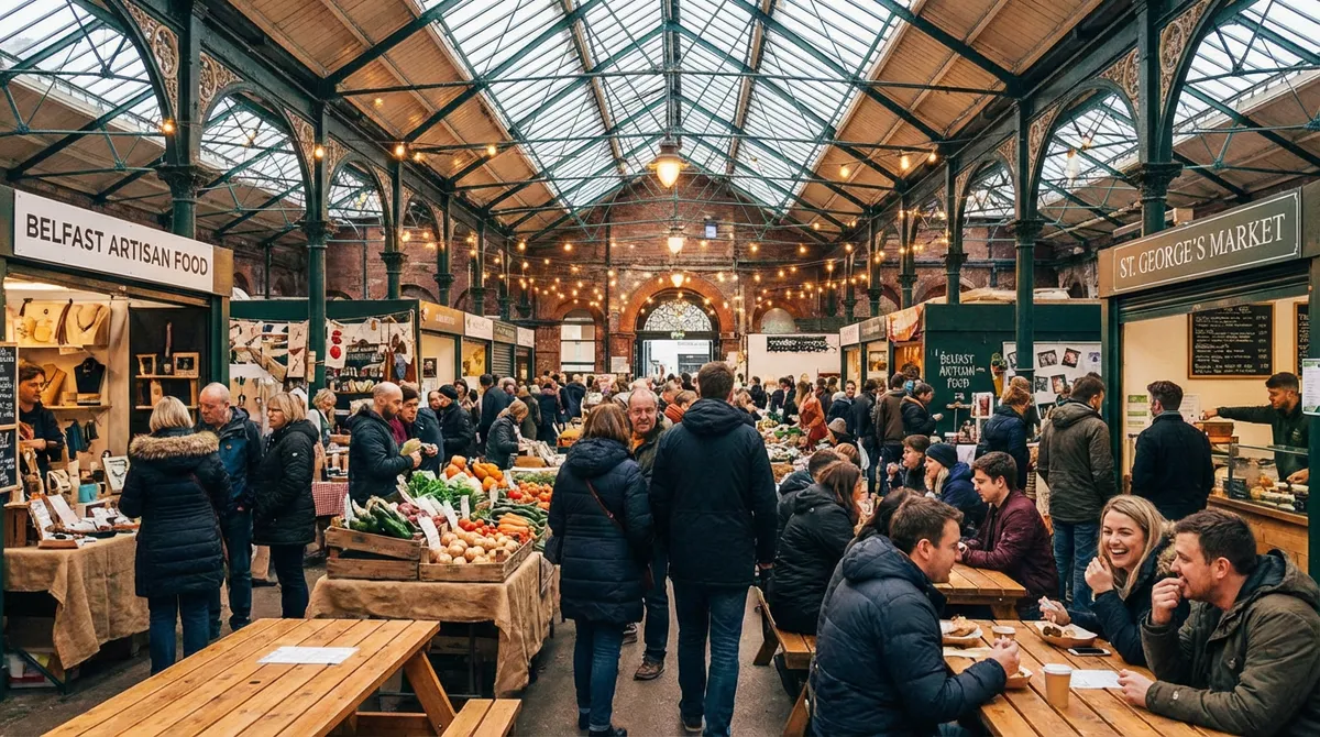 Interior view of the bustling St. George's Market in Belfast with stalls and people