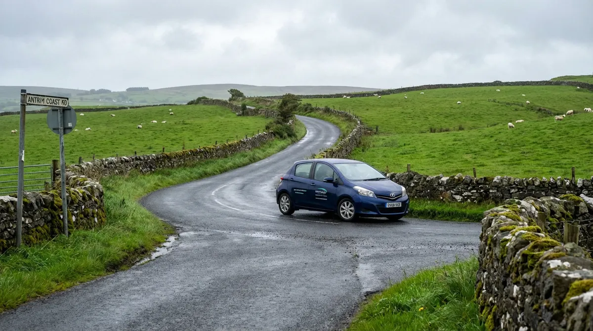 A small modern commercial car driving on a winding, narrow country road in rural Northern Ireland