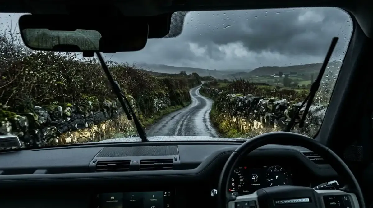 A single-lane rural Irish boreen road illustrating the physical constraints of self-driving in remote coastal counties.