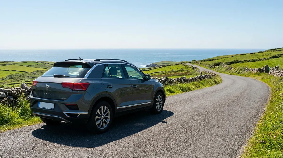 Modern, clean car parked on a scenic Irish road overlooking a vista, symbolizing stress-free rental