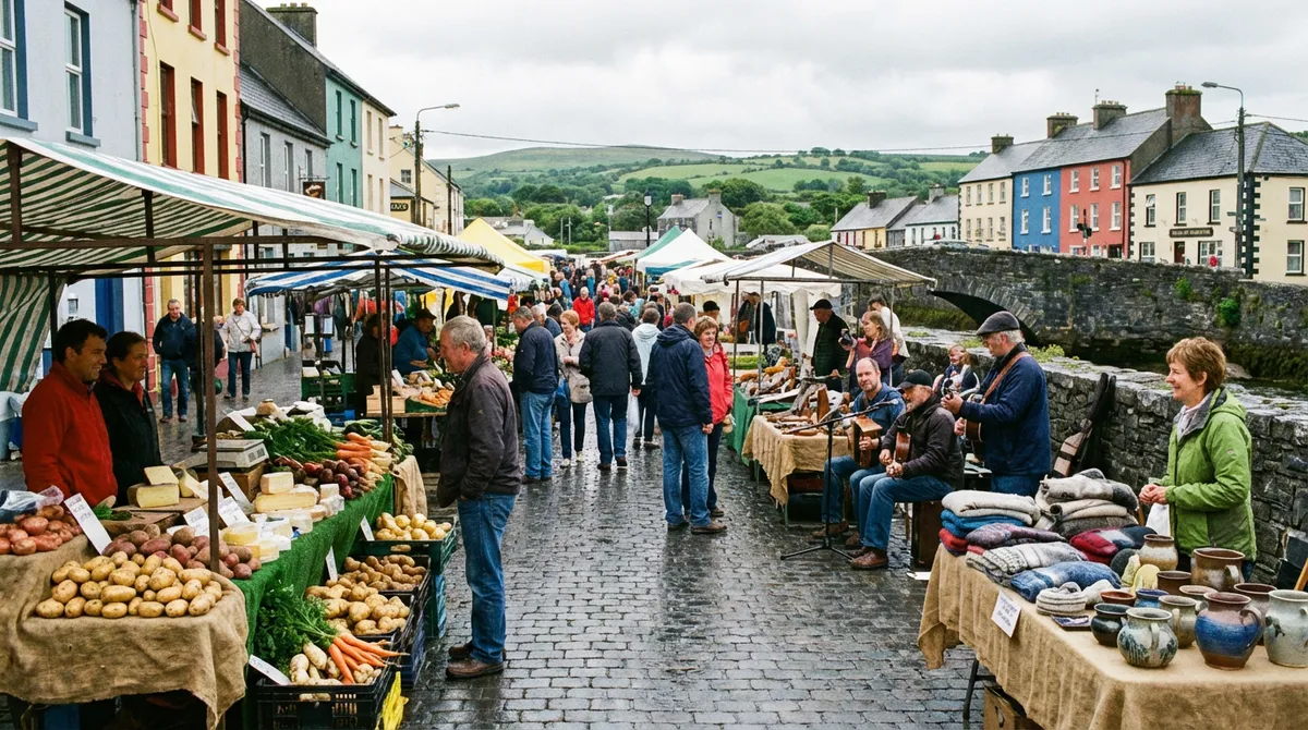 Vibrant farmers' market in a small Irish town with local produce and crafts