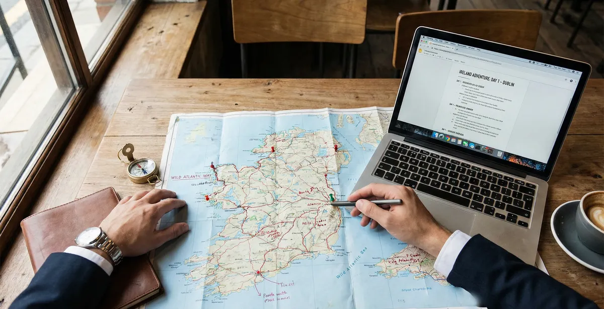 Hands pointing to routes on a map of Ireland with a laptop showing itinerary