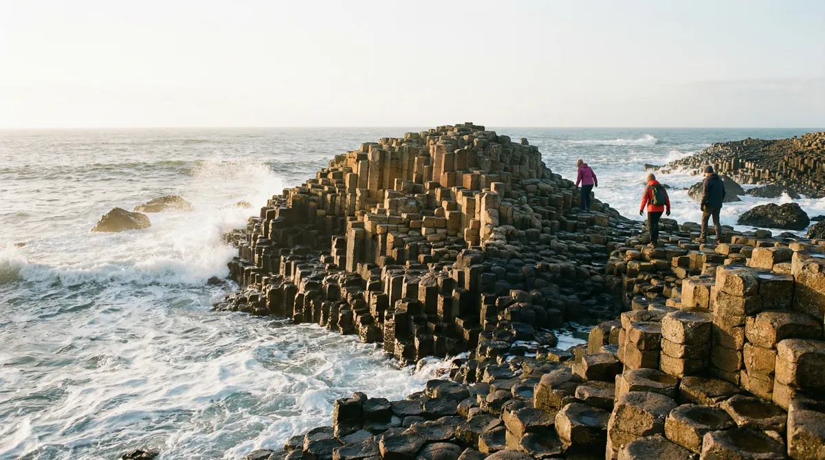 Basalt columns of Giant's Causeway with ocean waves at sunrise