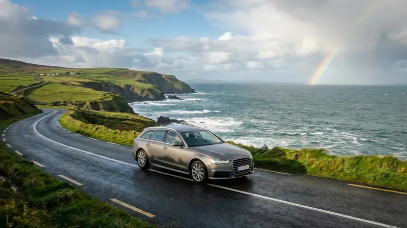 Modern rental car driving on a scenic coastal road in Ireland with cliffs and ocean