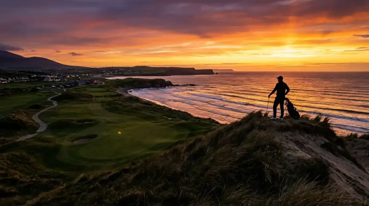 A golfer overlooking a world-class championship links layout at sunset, cementing an enduring sporting legacy in Ireland.