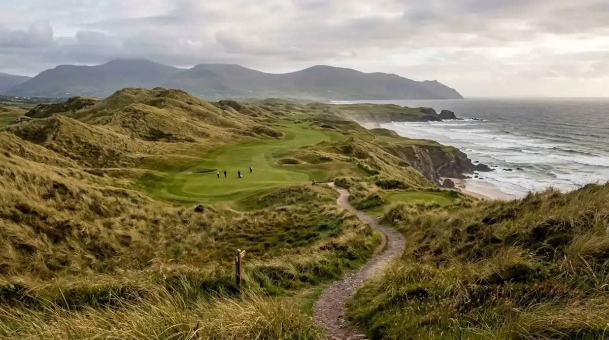 The challenging, uneven sand dune terrain of a championship golf links layout in Southwest Ireland.