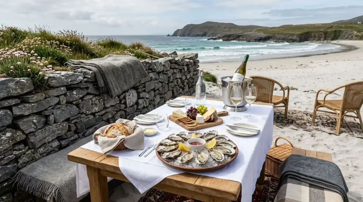 A private gourmet estate picnic served on a hidden coastal beach during a premium independent walking tour.