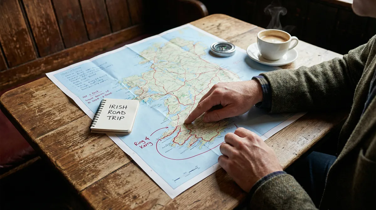 Person reviewing a detailed travel itinerary for an Irish road trip, symbolizing expert planning