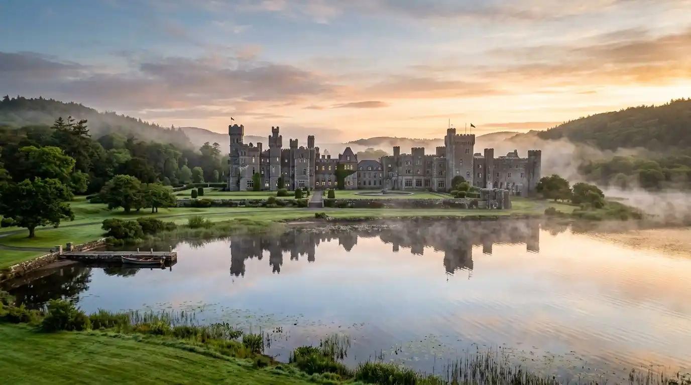 A grand aerial view of Ashford Castle at dawn, the flagship of Irish castle tours.