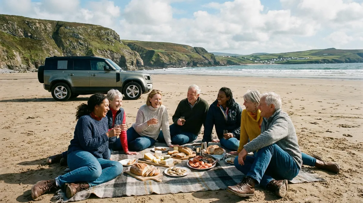 Friends and family enjoying a picnic with local produce on a scenic Irish beach, a modern commercial car in the background.