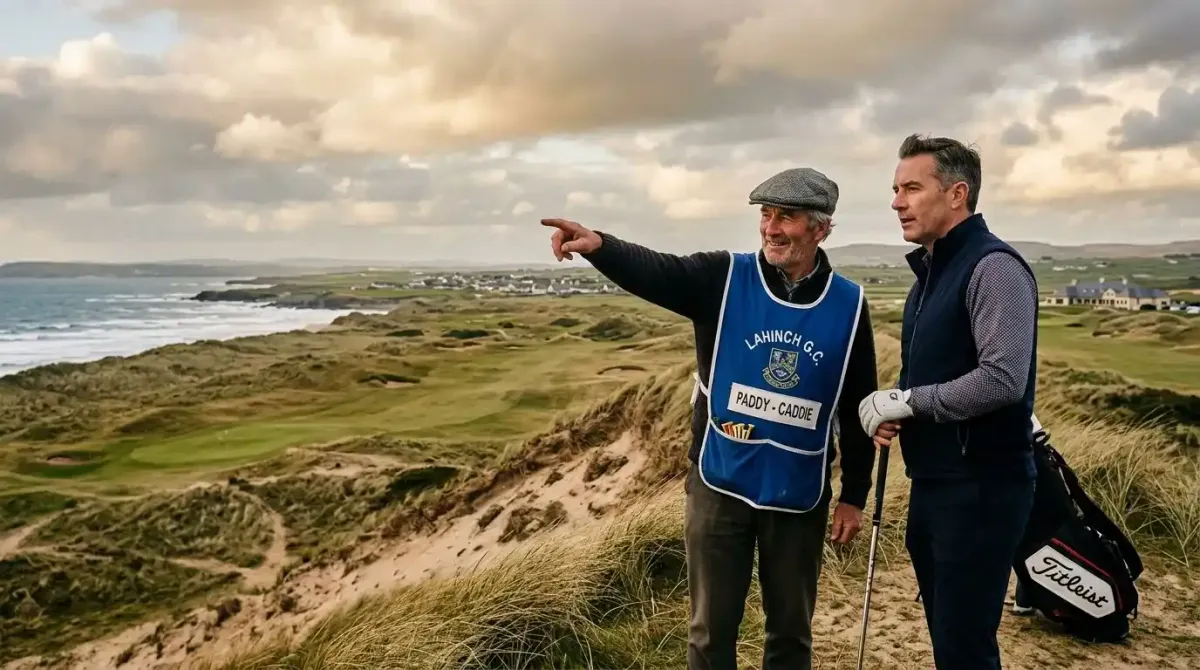A professional local caddie pointing out the proper target line on a championship Irish links course.