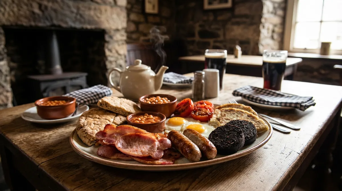 A delicious and hearty traditional Ulster Fry breakfast spread on a wooden table.