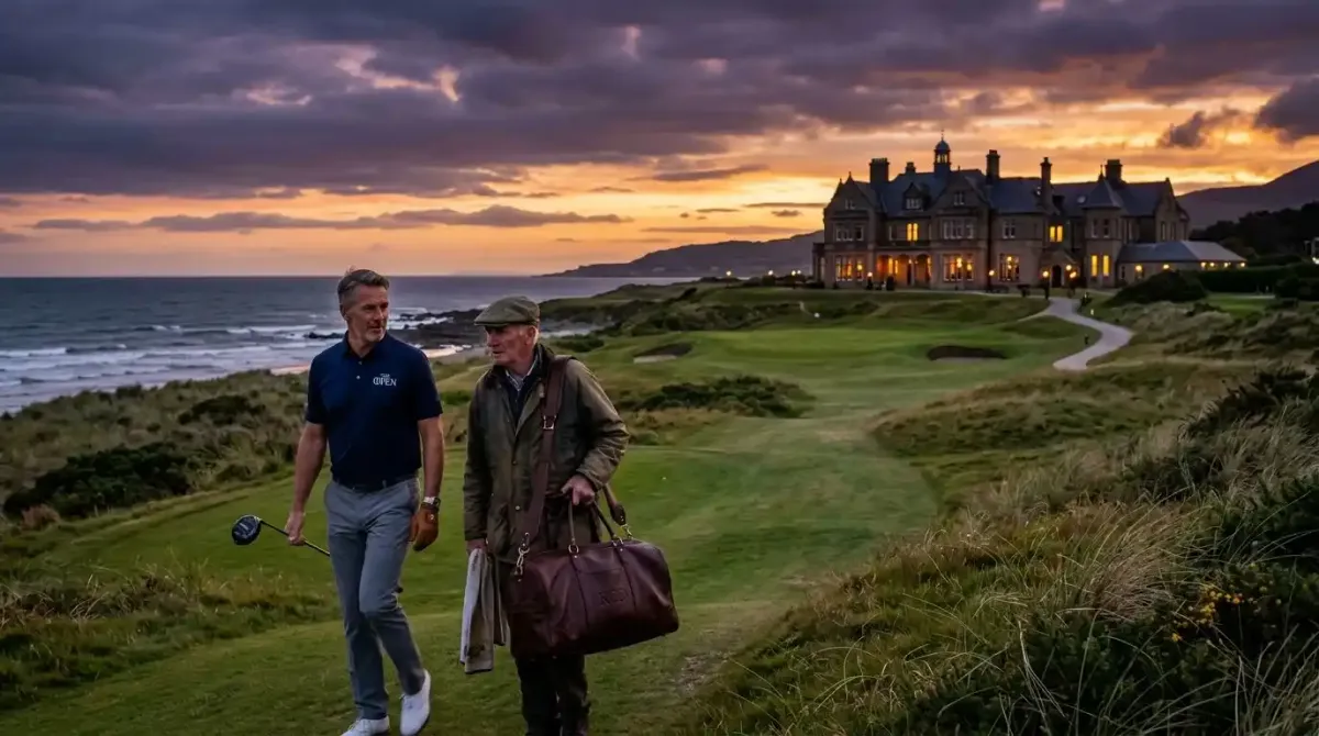 A golfer conquering the final fairway at twilight on one of the premier championship golf trips to ireland.