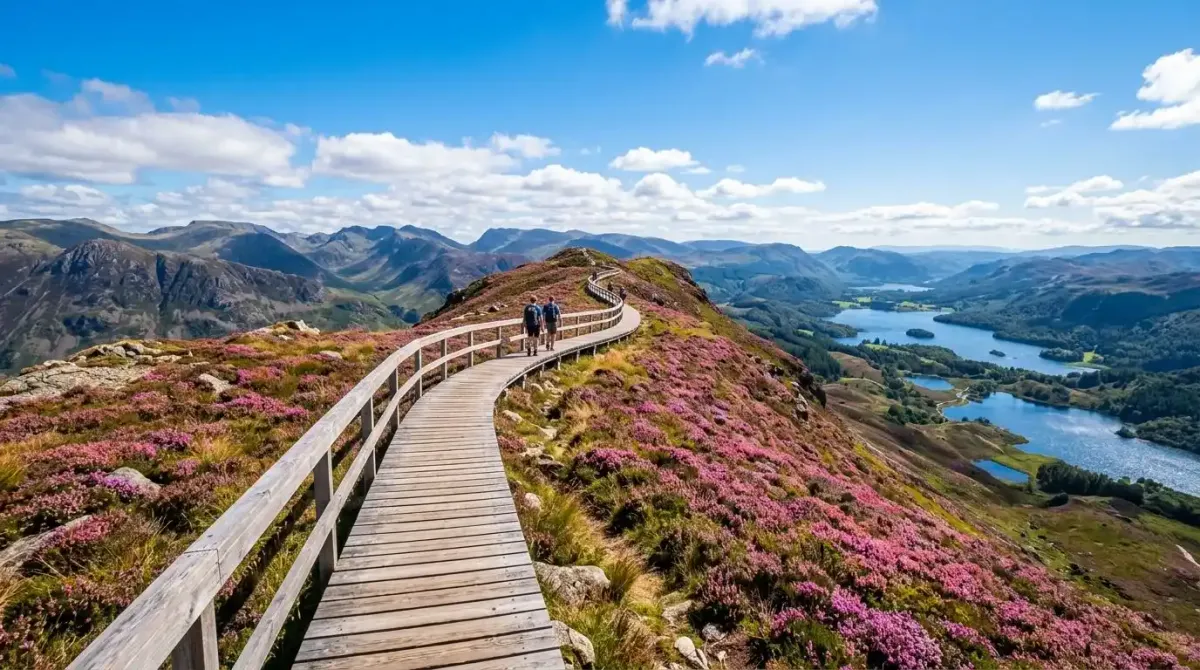 A premium wooden boardwalk path crossing a mountain ridge on a custom hiking holiday in Ireland.