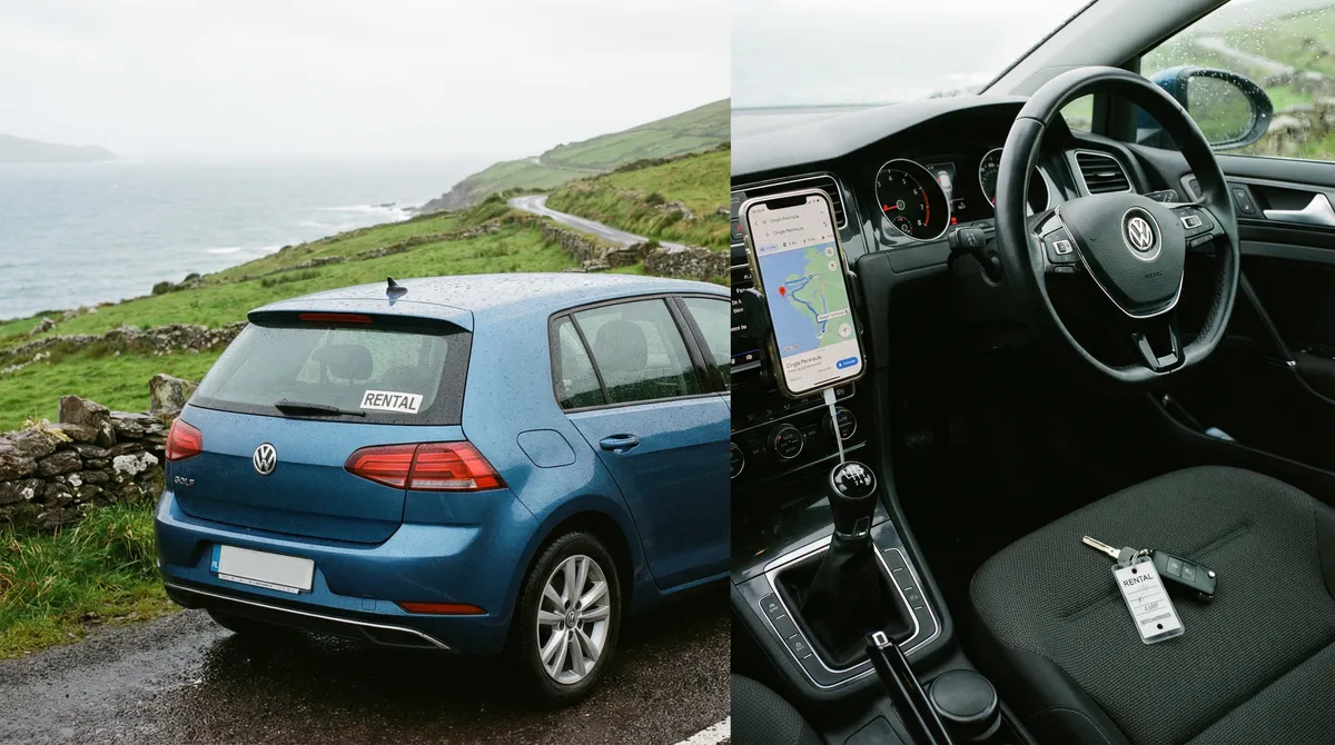 Compact modern rental car with navigation and keys, symbolizing car rental and navigation