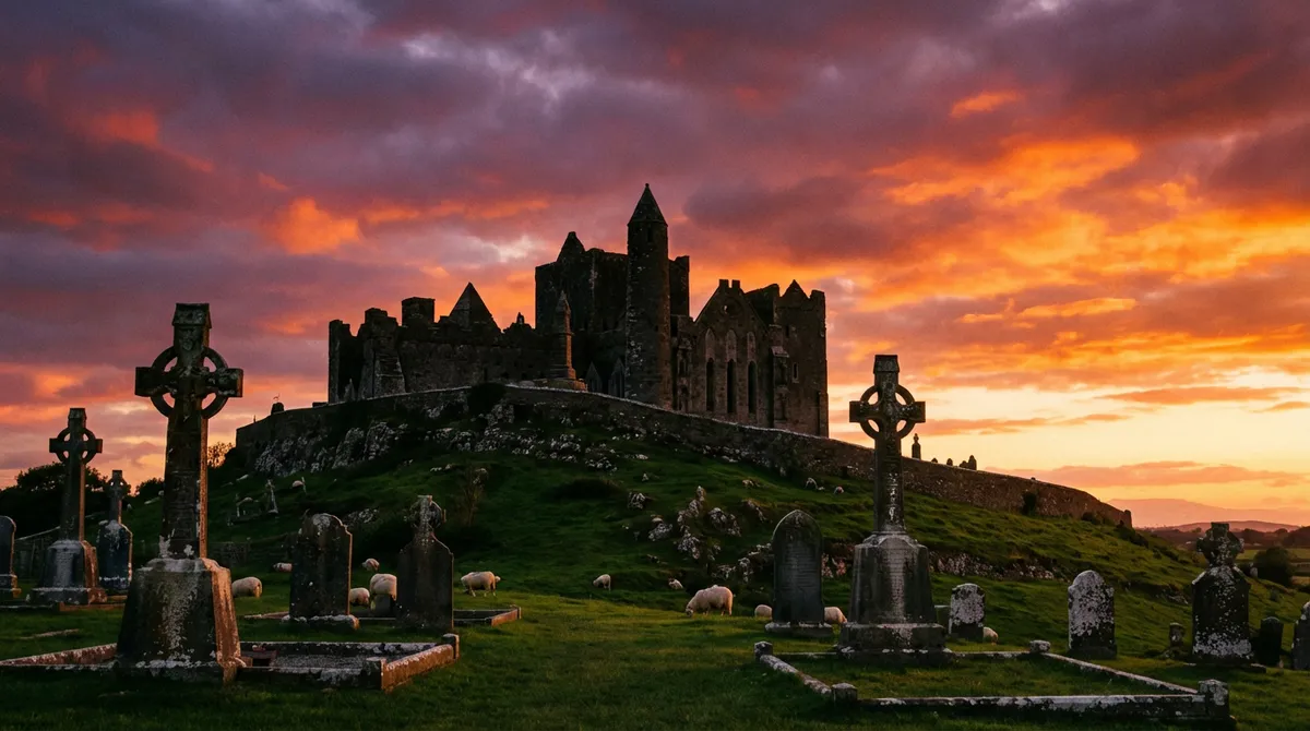 The Rock of Cashel, an ancient citadel, illuminated by golden hour light.