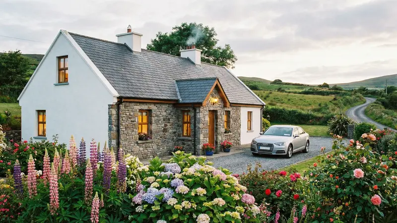 Charming Irish B&B with a modern rental car parked outside, surrounded by green hills