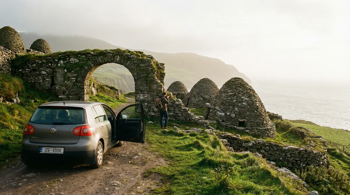 Modern rental car parked at a beautiful, unexpected hidden viewpoint in rural Ireland