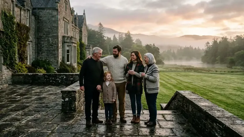 Three generations of a family enjoying sunrise on a castle terrace during a luxury Ireland vacation.