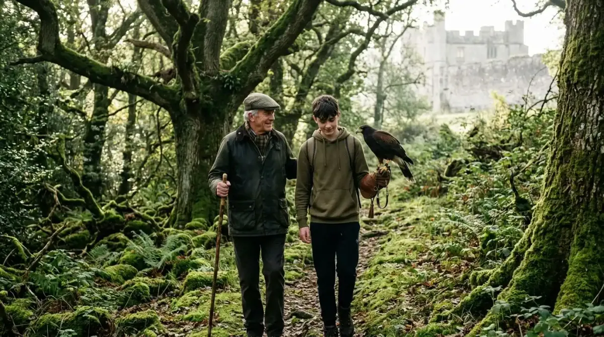 A private family falconry walk in the historic woodlands of a luxury castle estate.