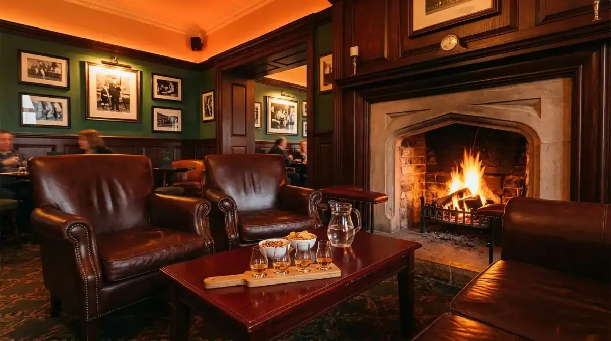 A flight of Irish whiskey by the fire in the Father Browne Bar at Lough Eske Castle.